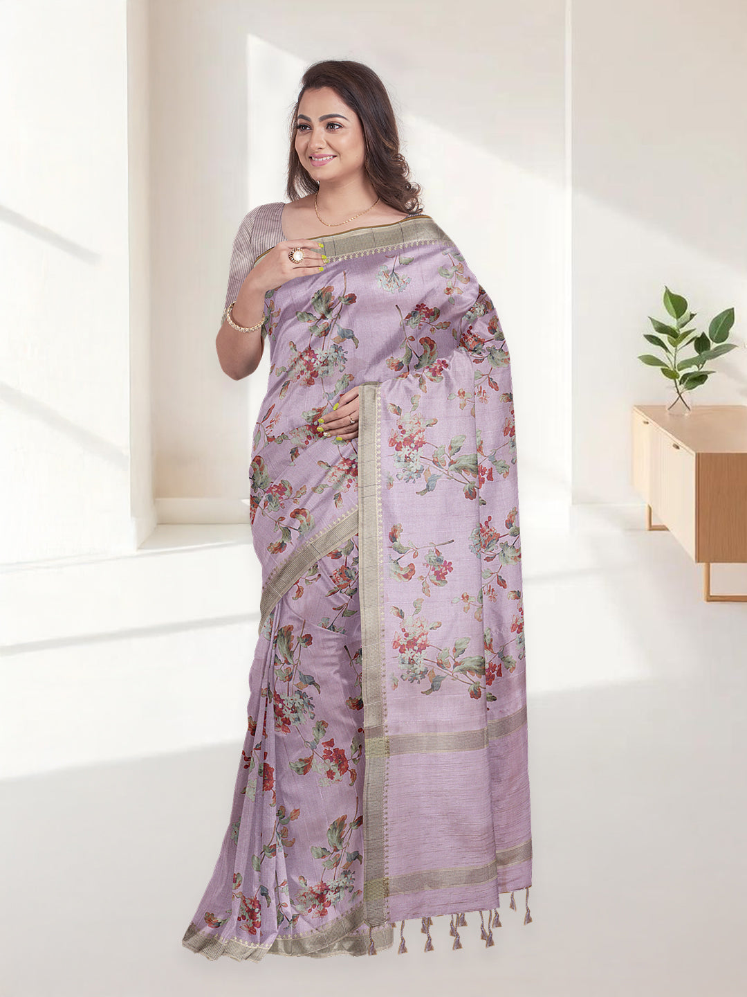 Women Light Purple Semi Raw Silk Printed Saree SRS105