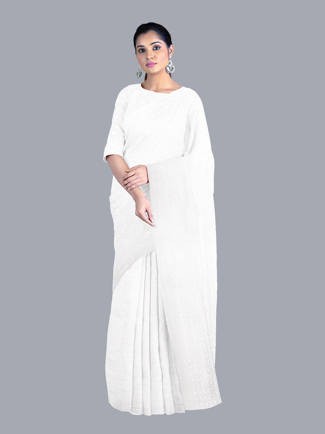 Womens White Siply Design Pure Cotton Saree CS-01