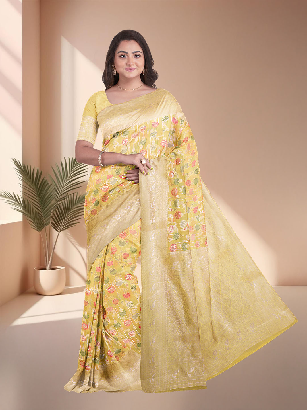 Women Yellow Art Silk Printed Saree ASS82