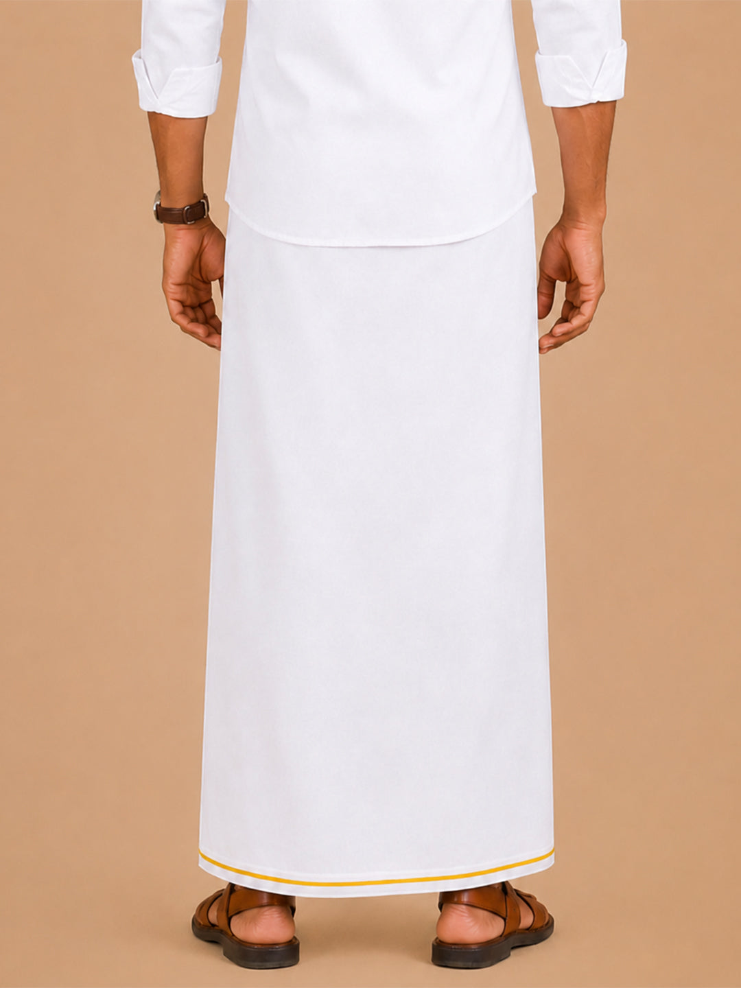 Double Layer 100% Cotton White Dhoti with Small Border - Real Value RV02
