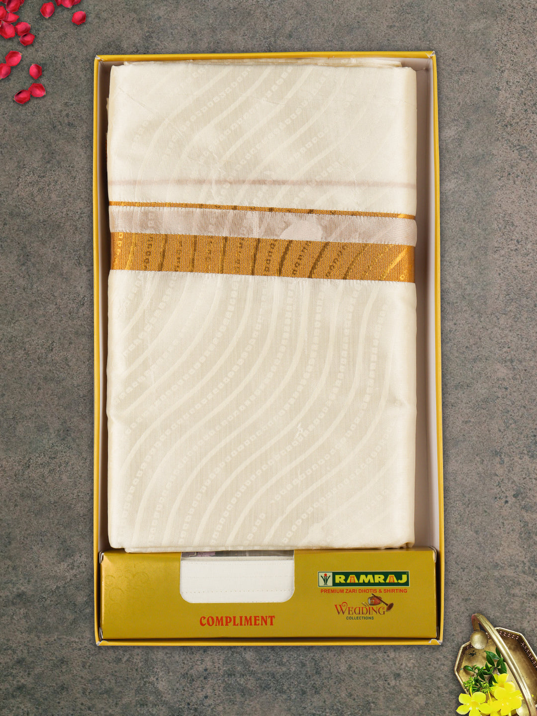 Men Gold Border Double Dhoti & Towel Set Ishwaryam Embose