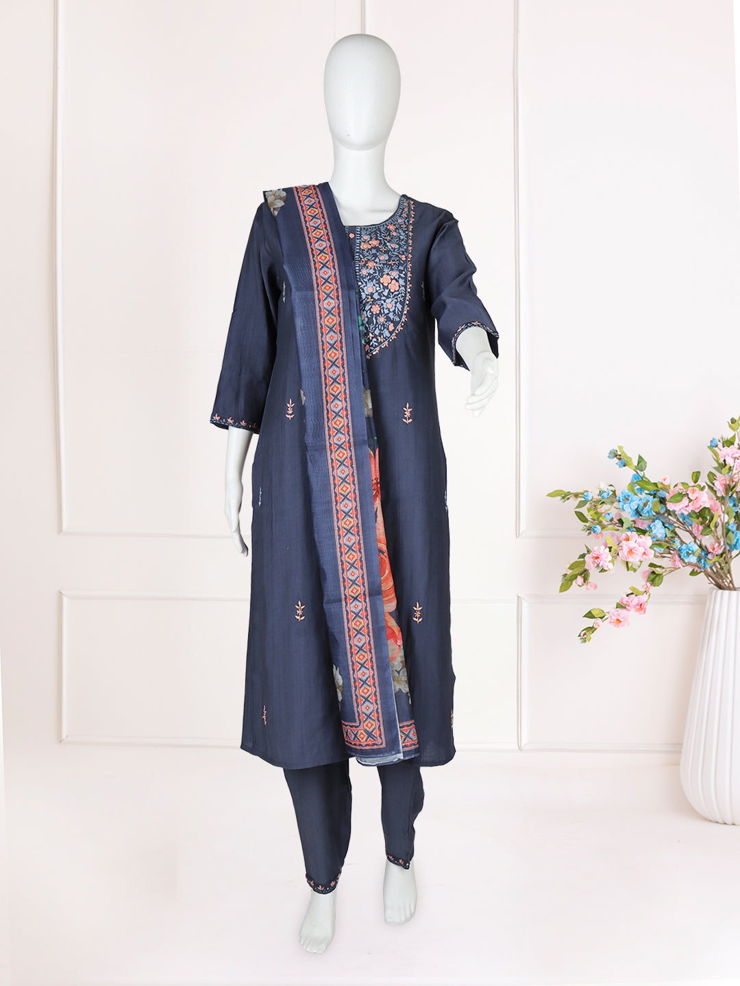 Women Silky Crush Embroidered Kurti Set Blue EKS87