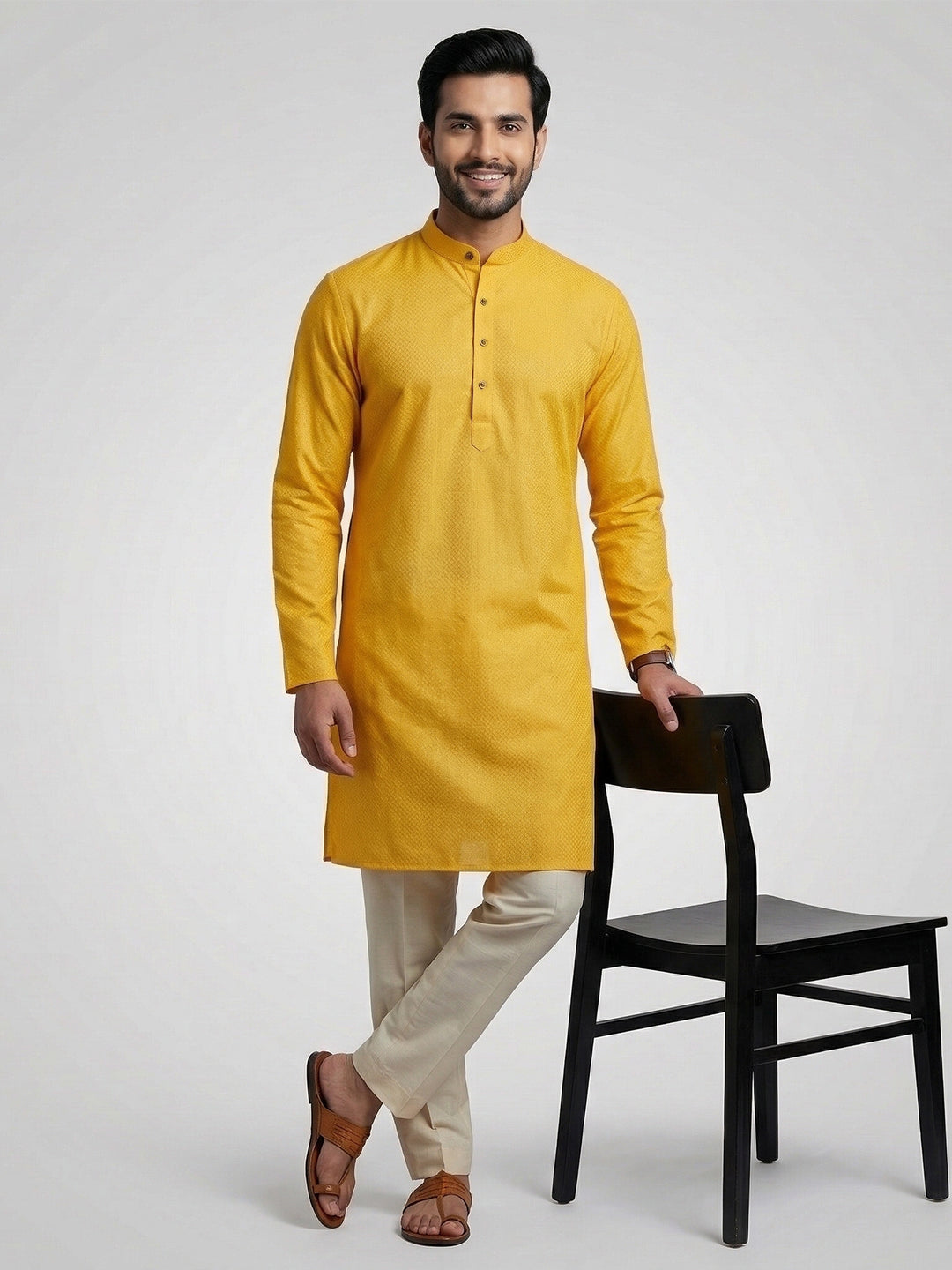 Men Cotton Medium Length Printed Pocket Kurta Yellow MHJ9