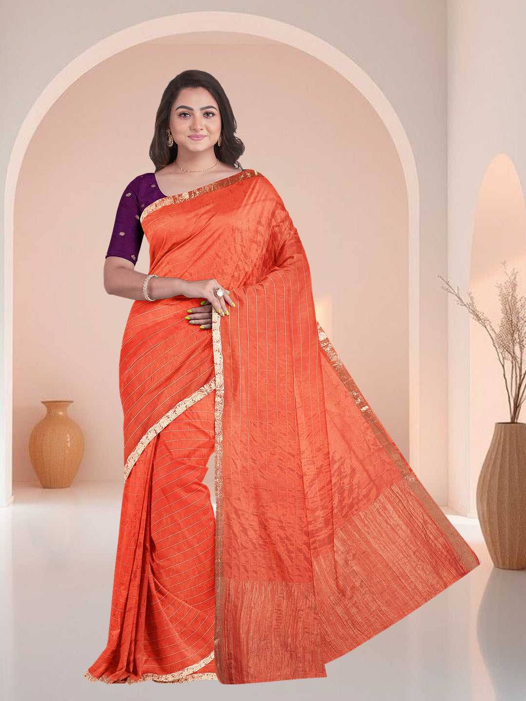 Women Orange Semi Silk Saree SS345