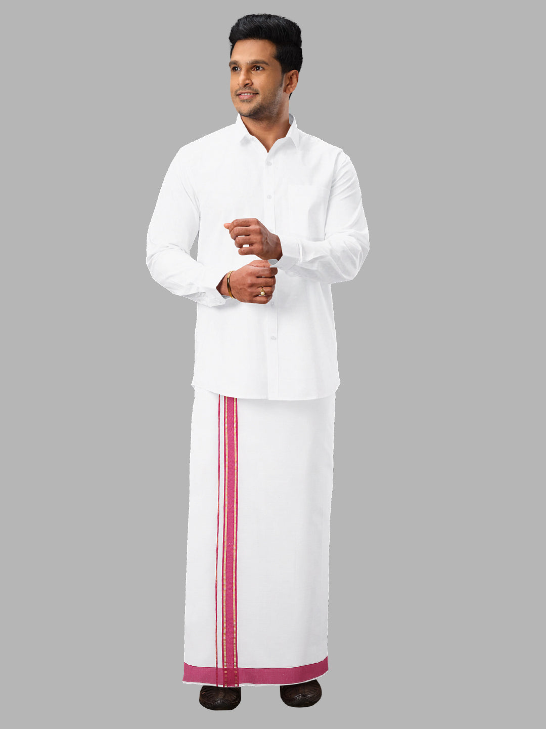 Men Pink Adjustable Pocket Dhoti with Fancy Border GACJ23