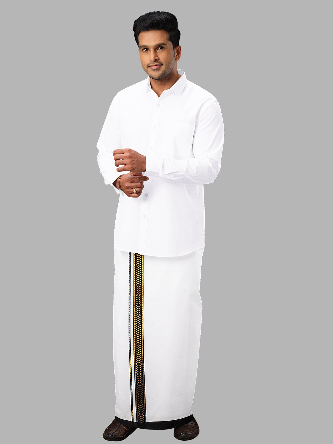 Men Black Fancy Border Single Layer White Dhoti Grand Royal