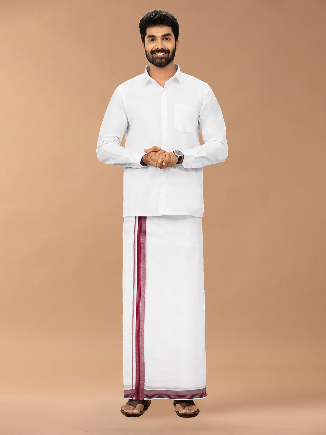 Mens Premium Handloom Dhoti Maroon with Silver Jari Border HLM20