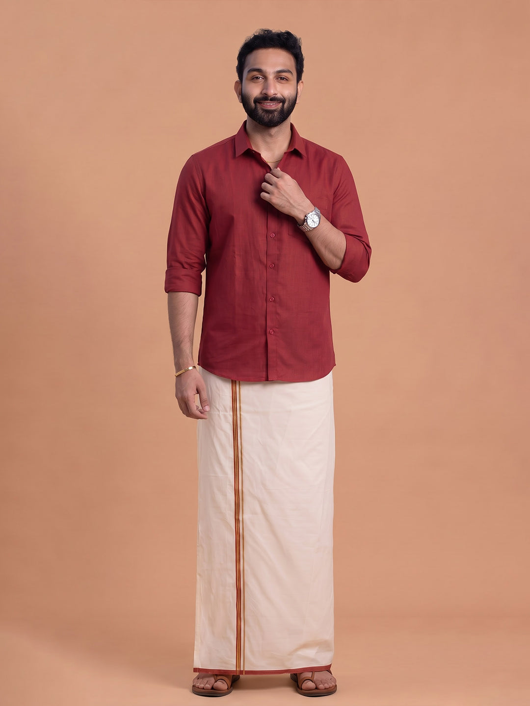 Double Layer 100% Cotton Cream Kora Dhoti with Colour Border - BJK04