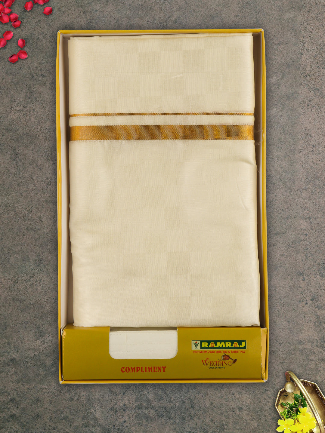 Men Gold Border Double Dhoti & Towel Set Ishwaryam Embose