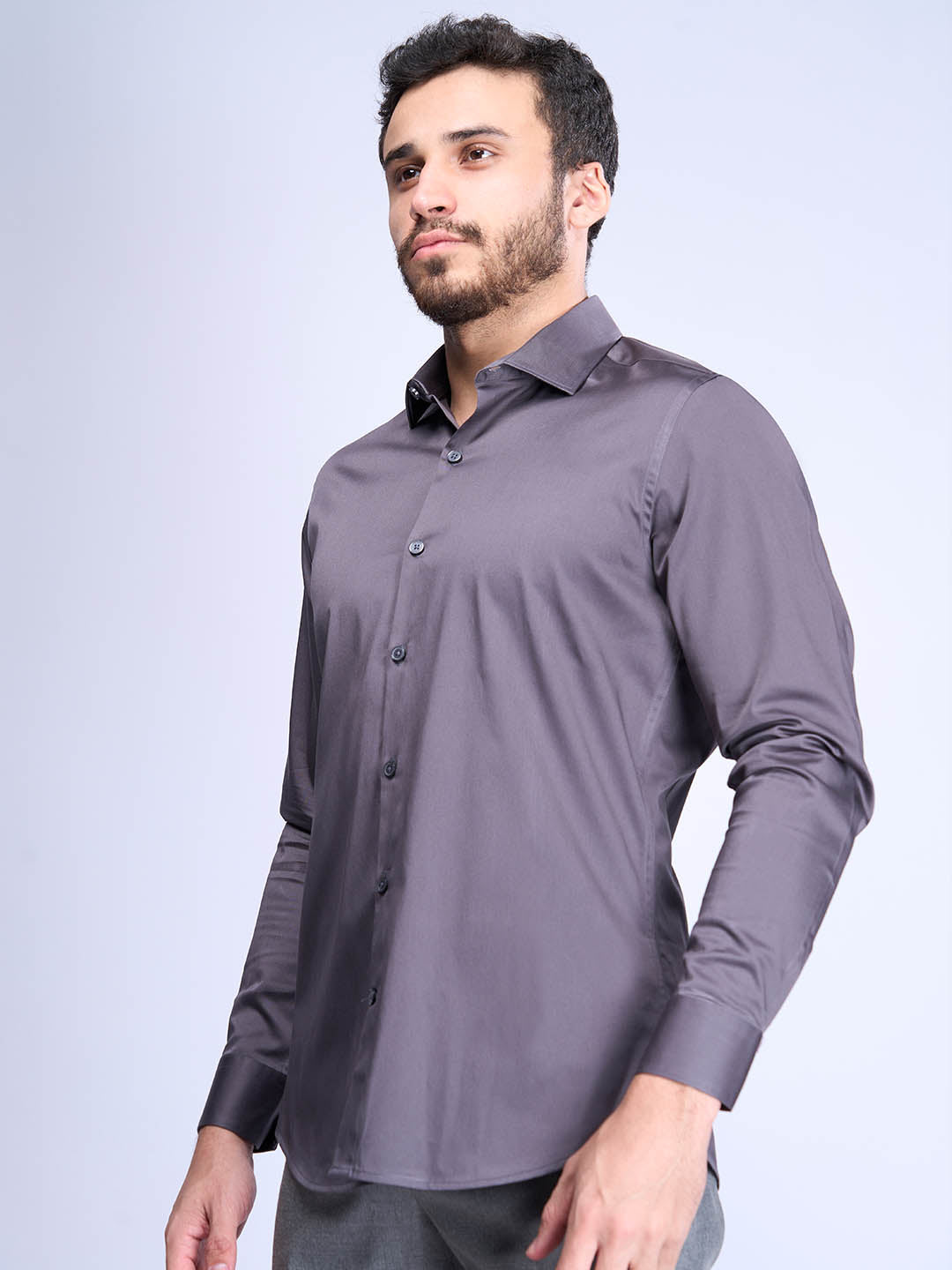 Men Slim Fit Grey Formal Full Sleeve Shirt