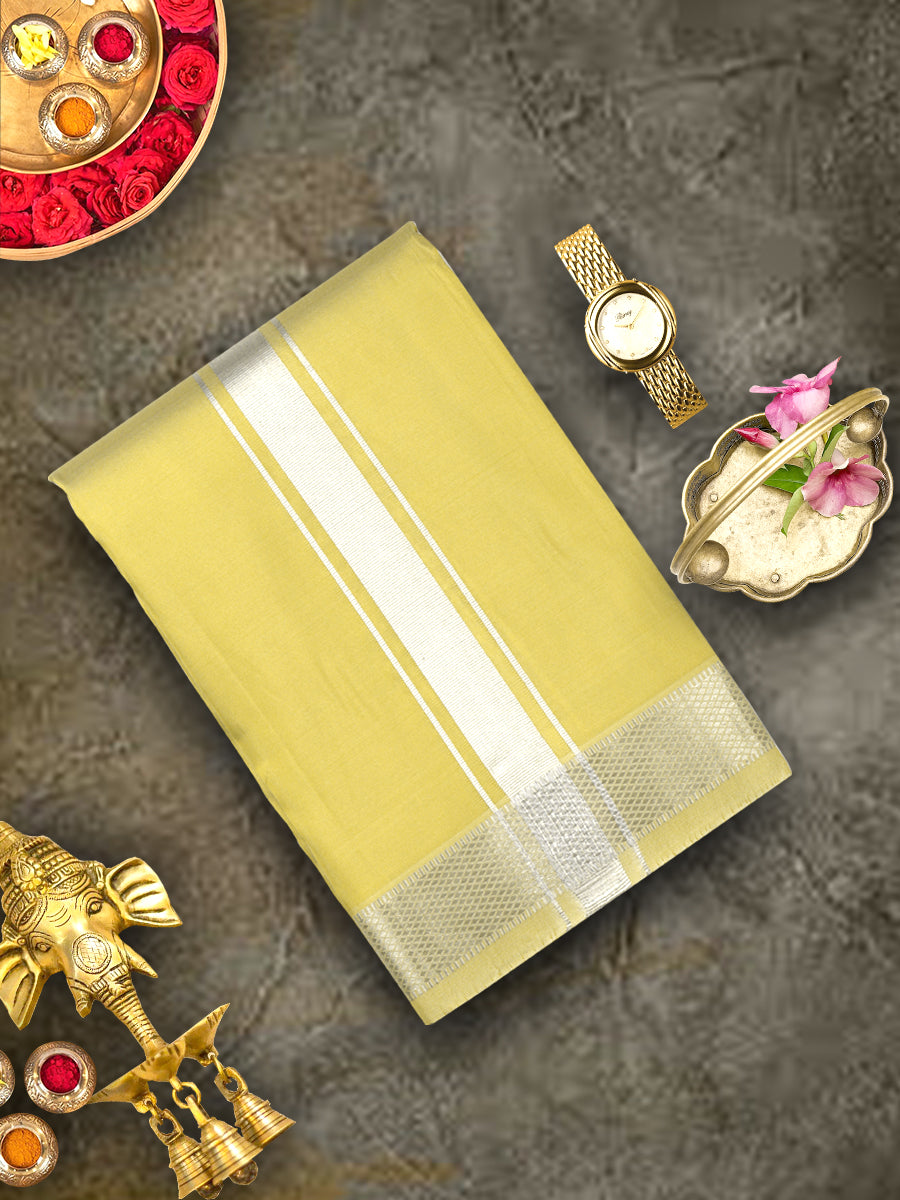 Premium Silk Mixed Gold Shirting with 1 1/2" Silver Jari Border Dhoti Vivaga Chiranjeeve