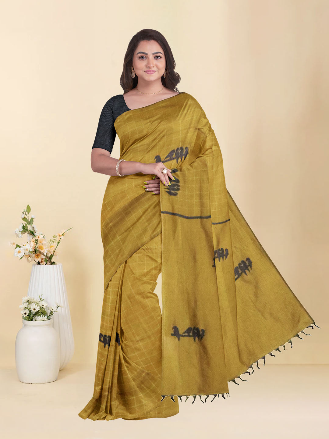 Women Pure Cotton Mustard Brown Saree PCS266