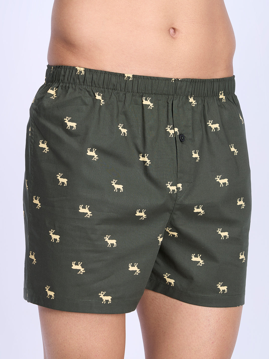 Mens Woven Inner Boxer Green Deer Print Shorts