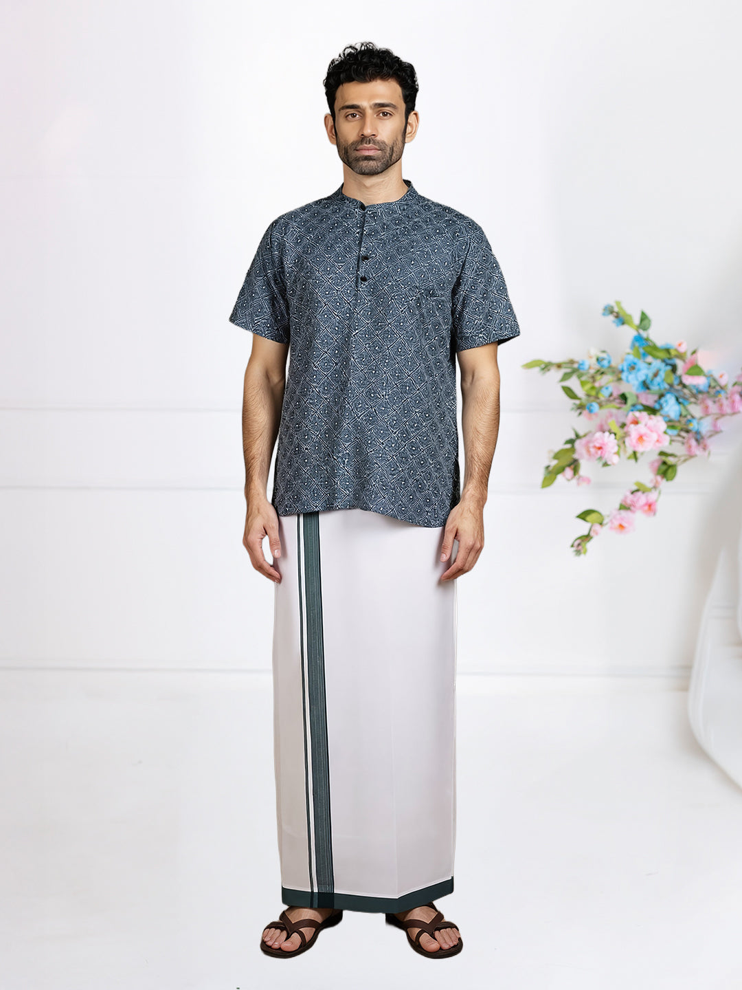 Men Greyish Blue Short Length Kurta with Matching Border Dhoti Set RH02