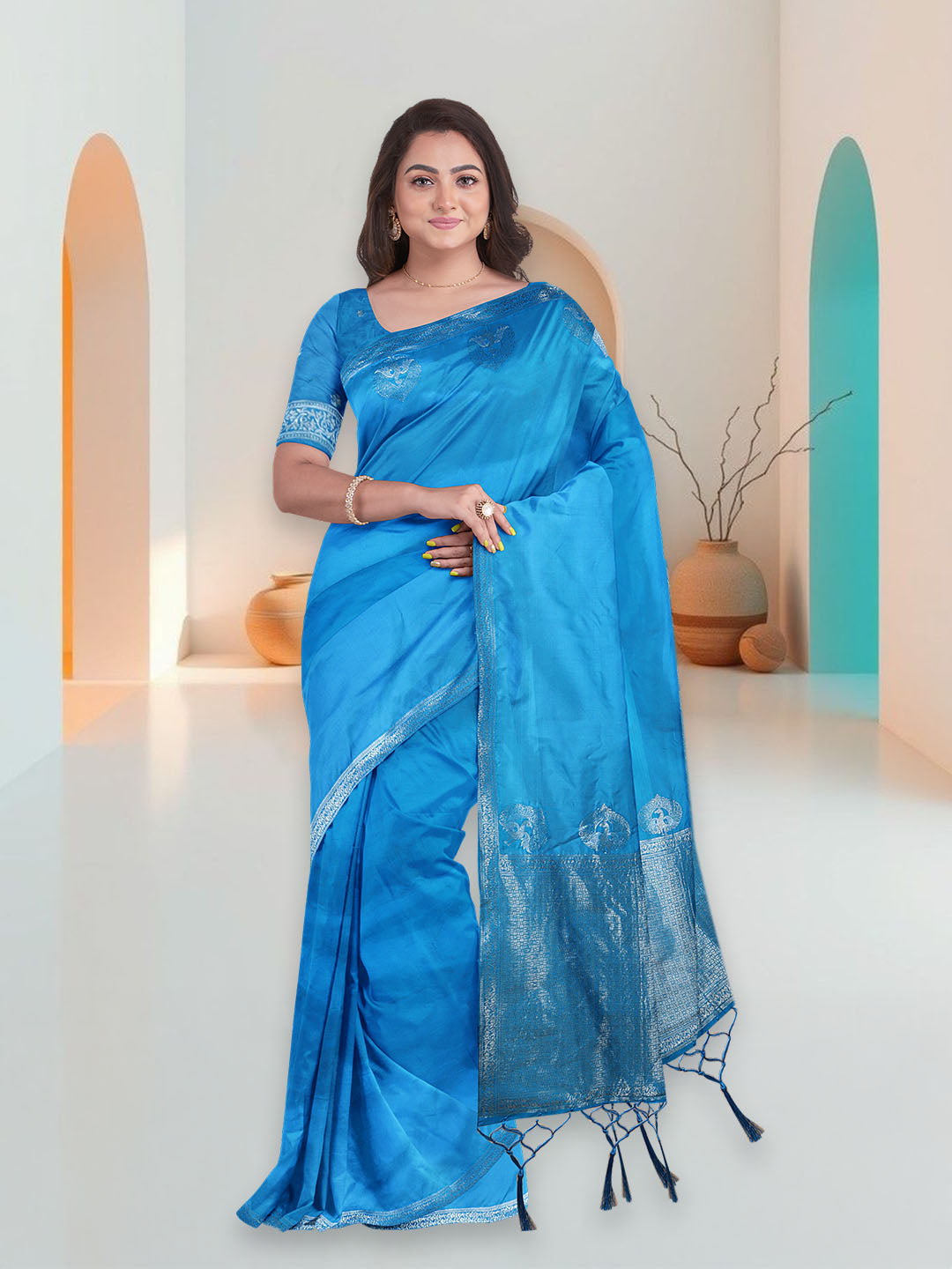 Women Blue Art Silk Printed Saree ASS92