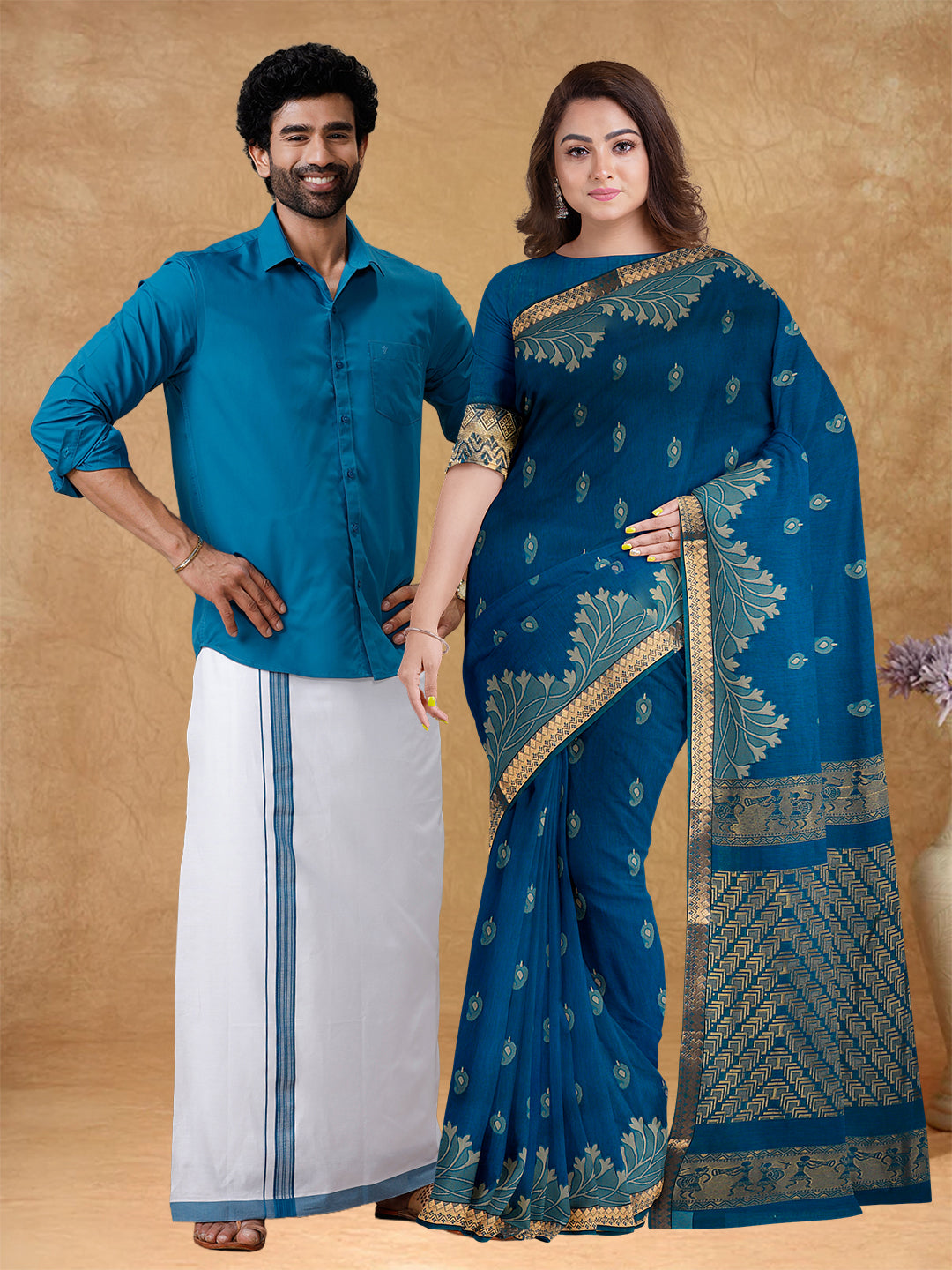 Couple Combo Shirt & Dhoti Set with Saree Blue PCS179