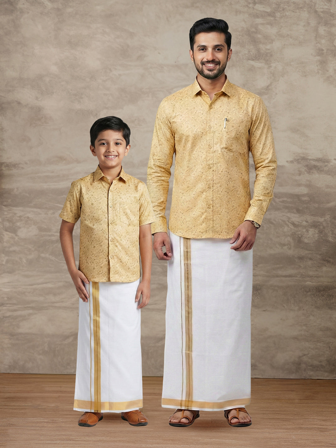 Like Father Like Son Matching Border Dhoti with Printed Shirt Combo Set Sandal PS21