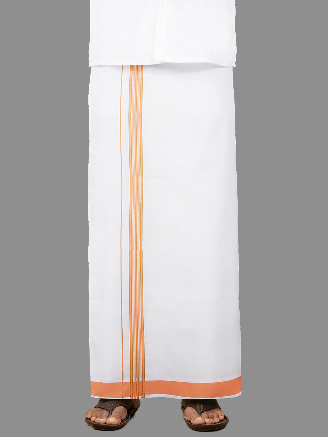 Men White with Orange Fancy Jari Border Single Layer Dhoti Yuga YJF01