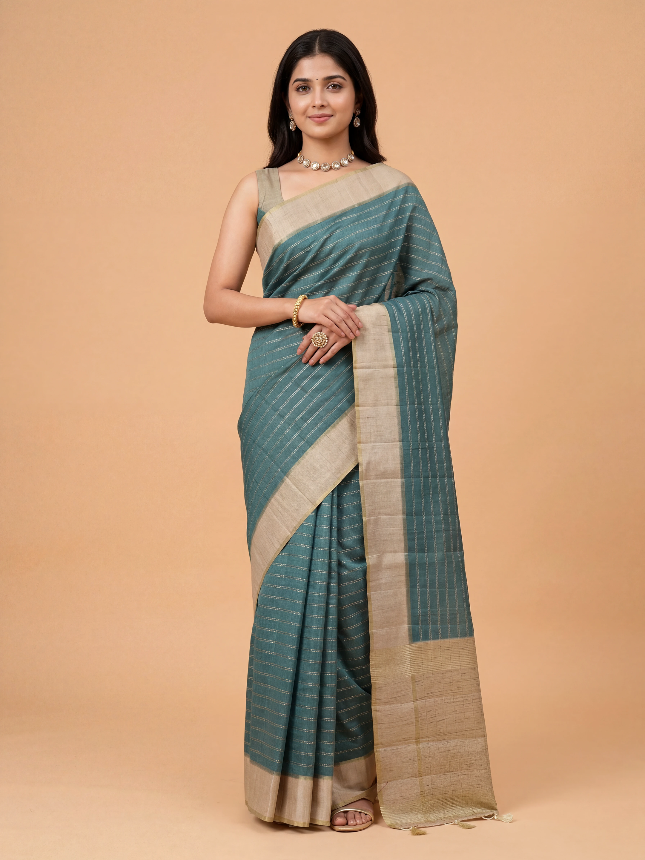 Women Semi Tussar Teal Green Saree ST333