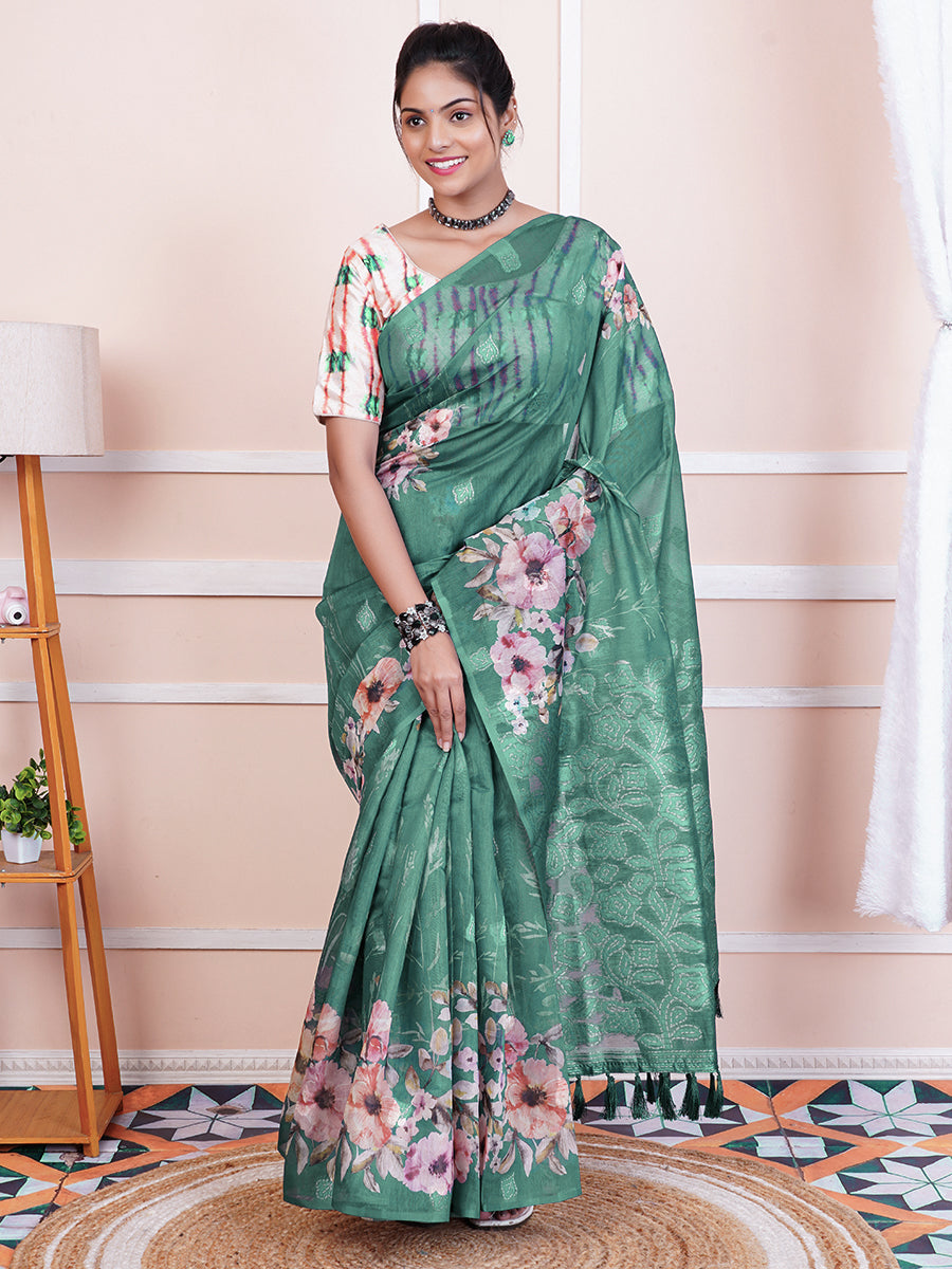 Women Chanderi Cotton Printed Saree Green SC06