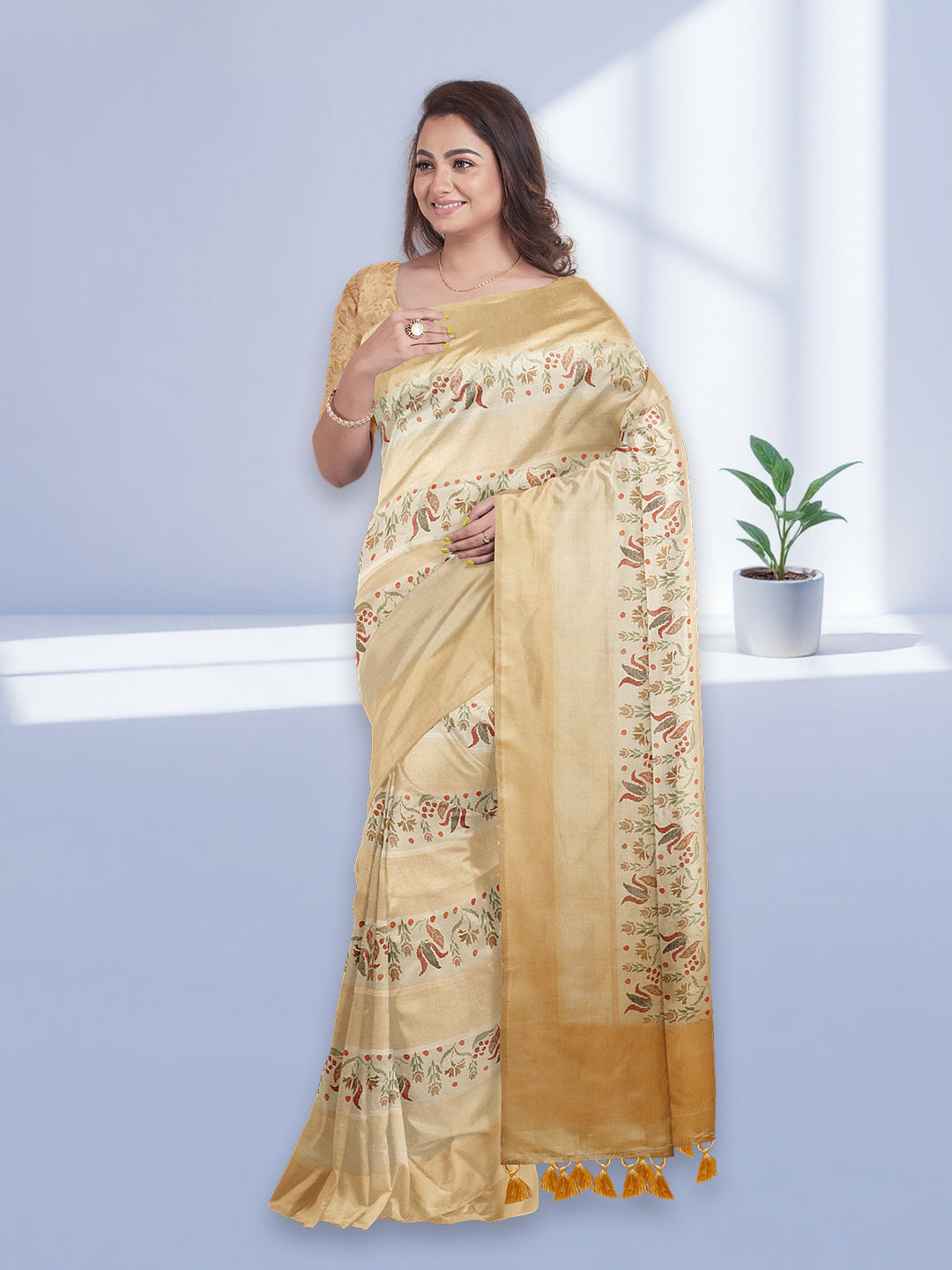 Women Golden Semi Tussar Printed Saree ST300