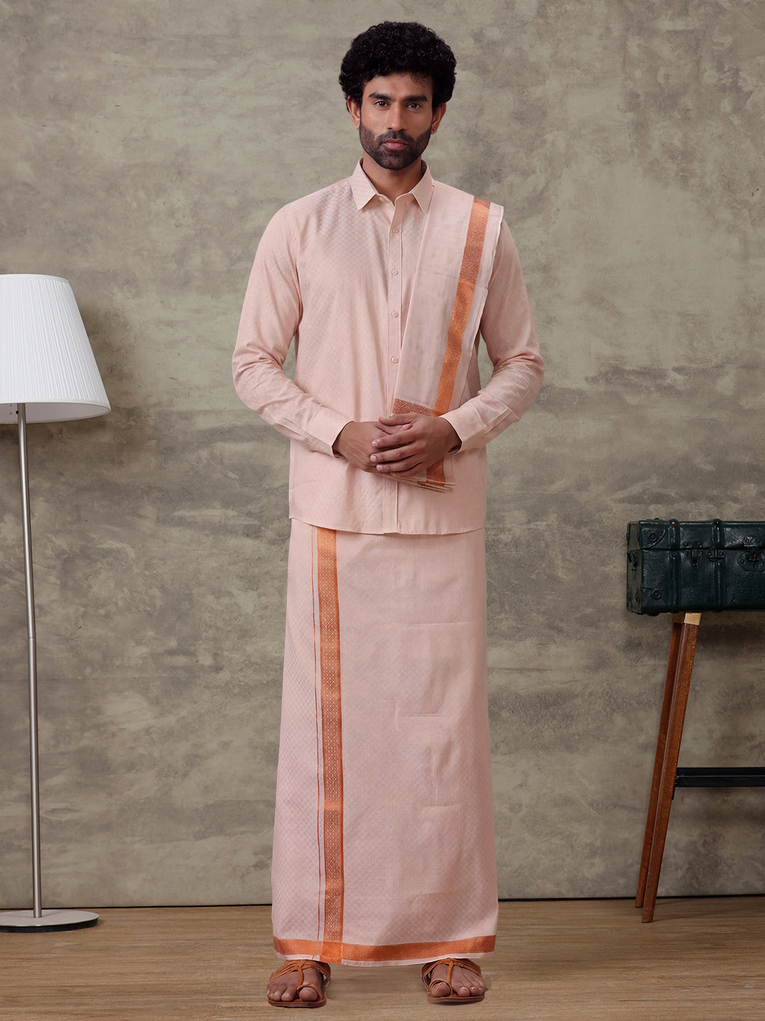 Tissue Copper Jacquard Shirt, Dhoti & Towel Set CD11