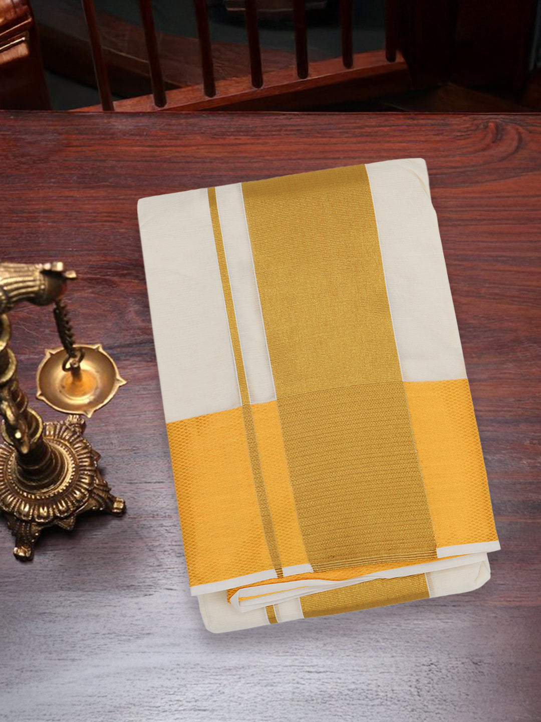 Men Kora Cotton Gold Jari Border Panchakacham with Angavasthram (9+5)