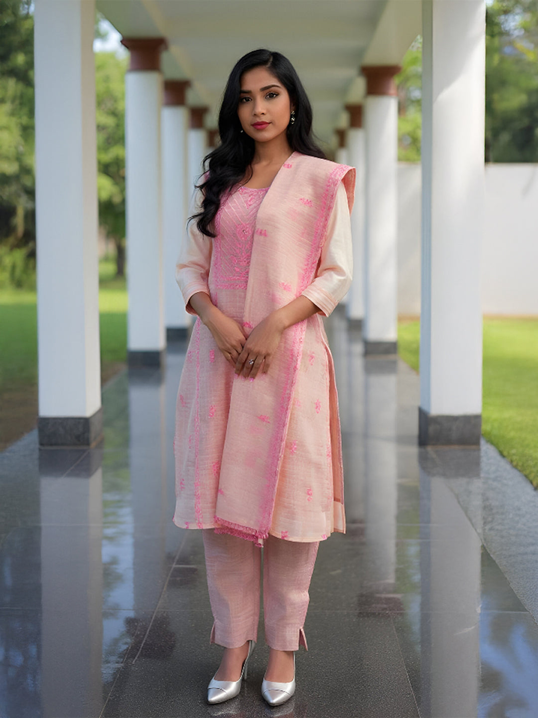 Women Cotton Embroidered Kurti Set Light Pink EKS44