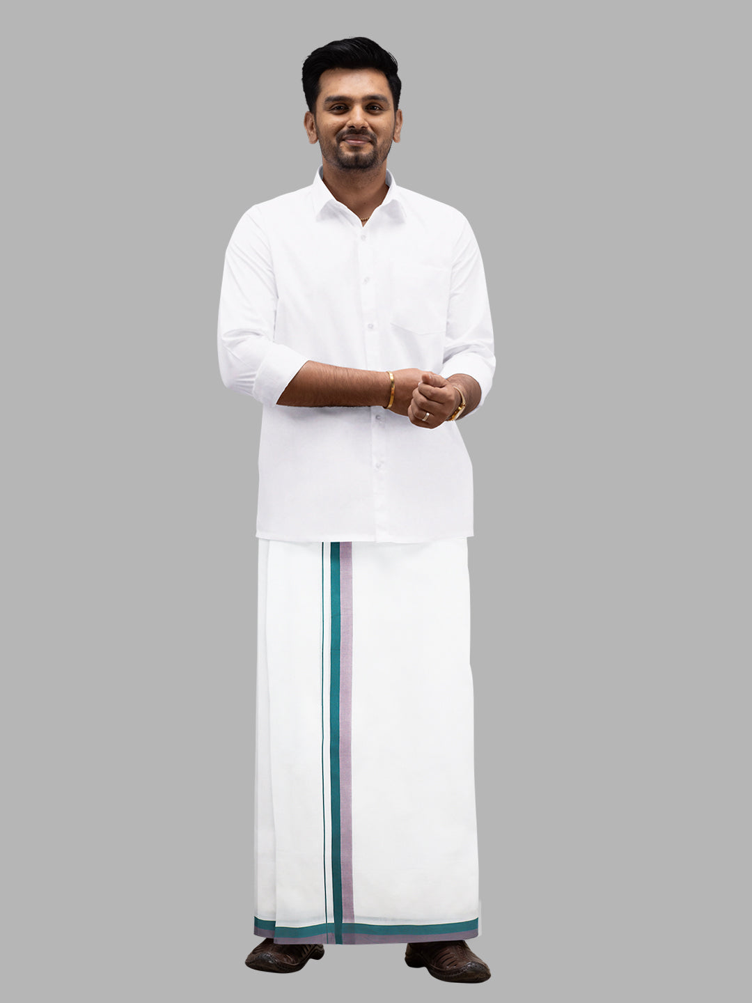 Men Green Fancy Border Double Layer White Dhoti PMF1