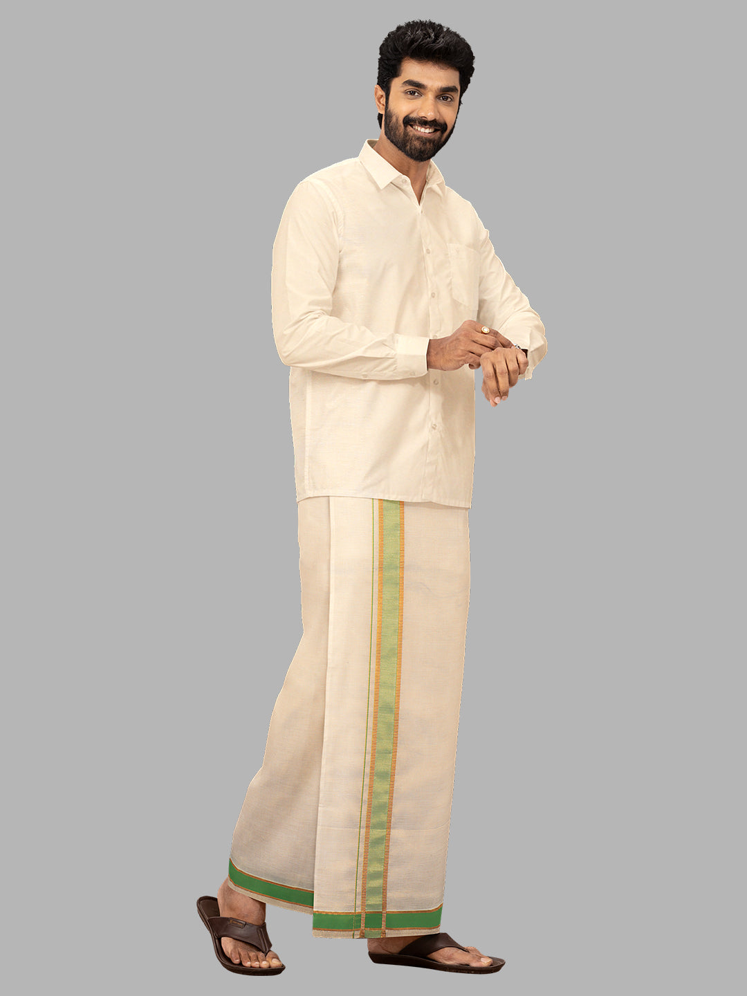 Men Green Fancy Jari Border Tissue Adjustable Pocket Dhoti