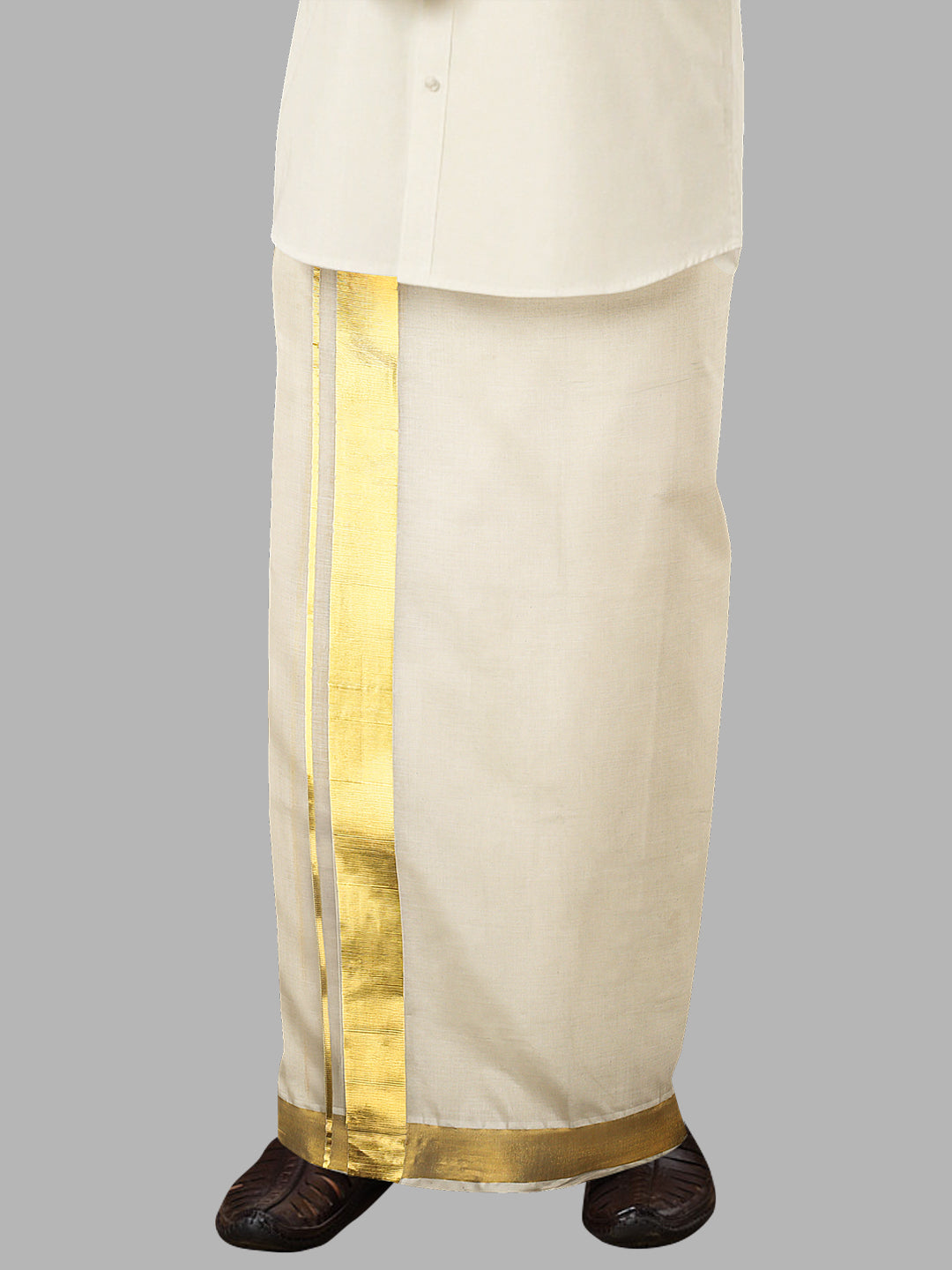 Men Cream with 2" Gold Jari Border Double Layer Kora Dhoti Woven Gold