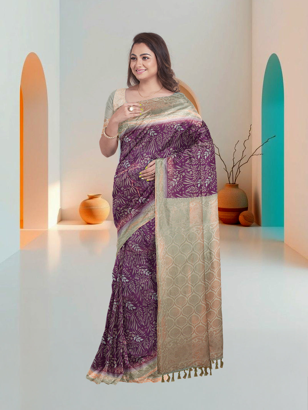 Women Violet Art Silk Printed Saree ASS59