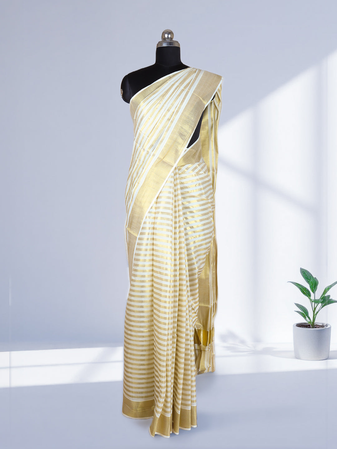 Women Traditional Kerala Cream with Gold Saree KS206