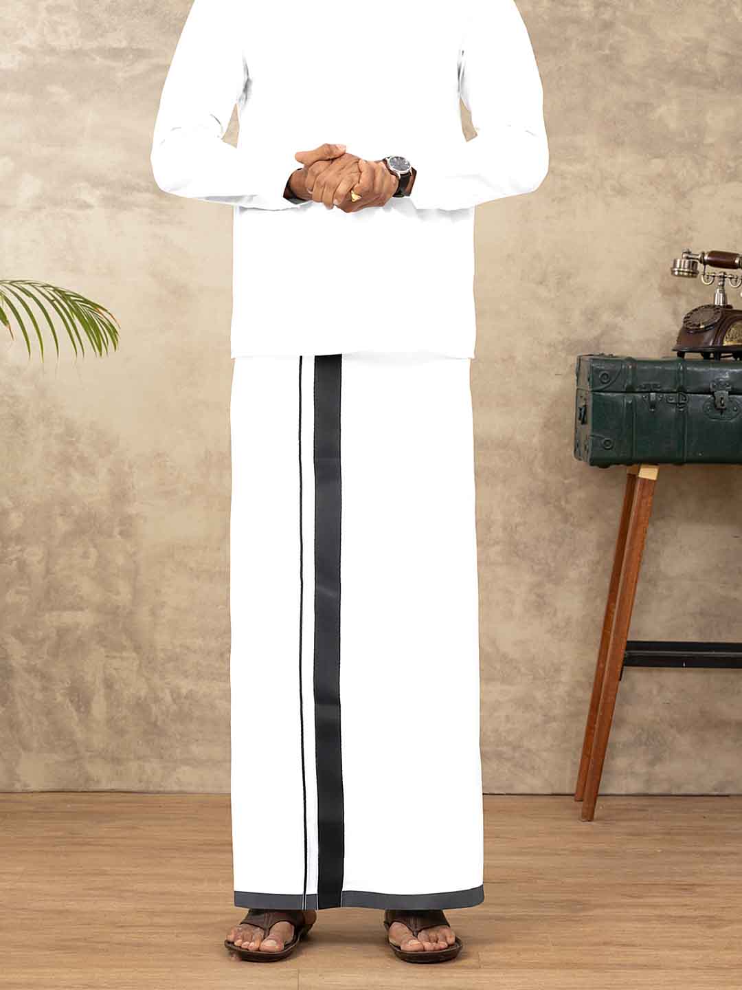 Men Cotton Blend Double Layer White Dhoti with Fancy Border TS01
