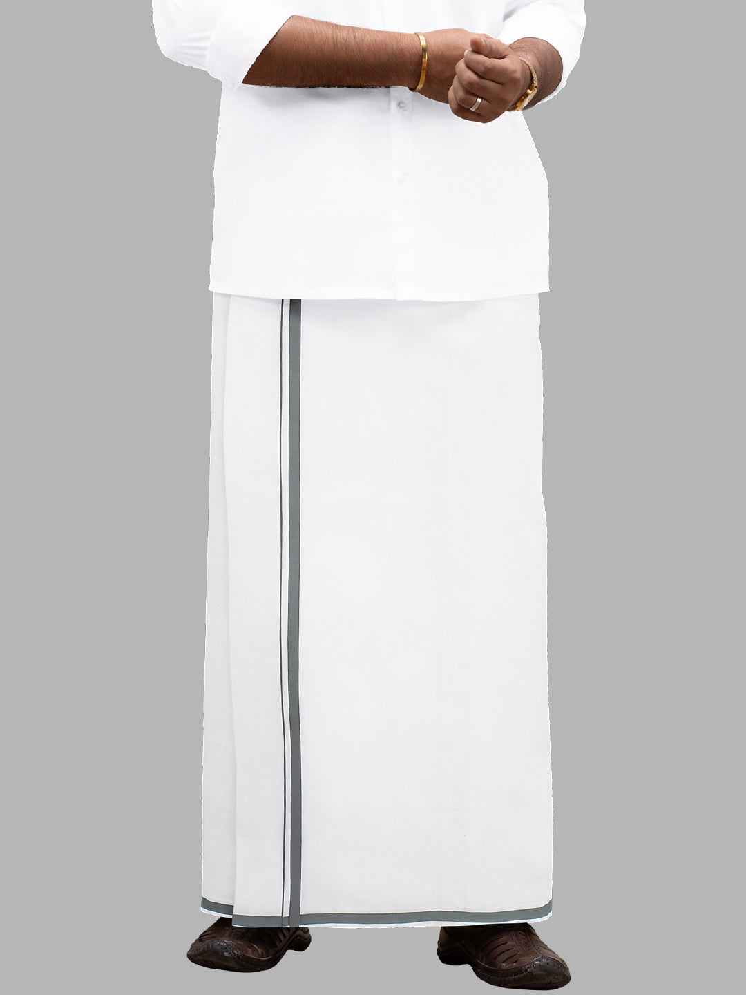 Men White with Grey Big Border Single Layer Dhoti Bramosh