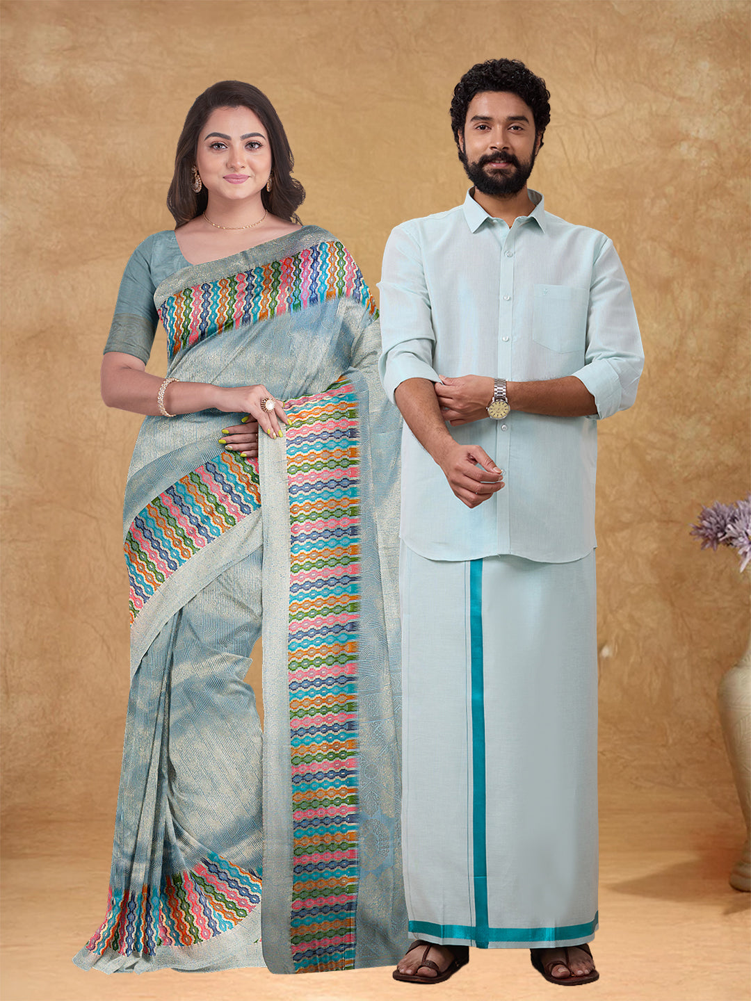 Couple Combo Shirt & Dhoti Set with Saree Ramar Green