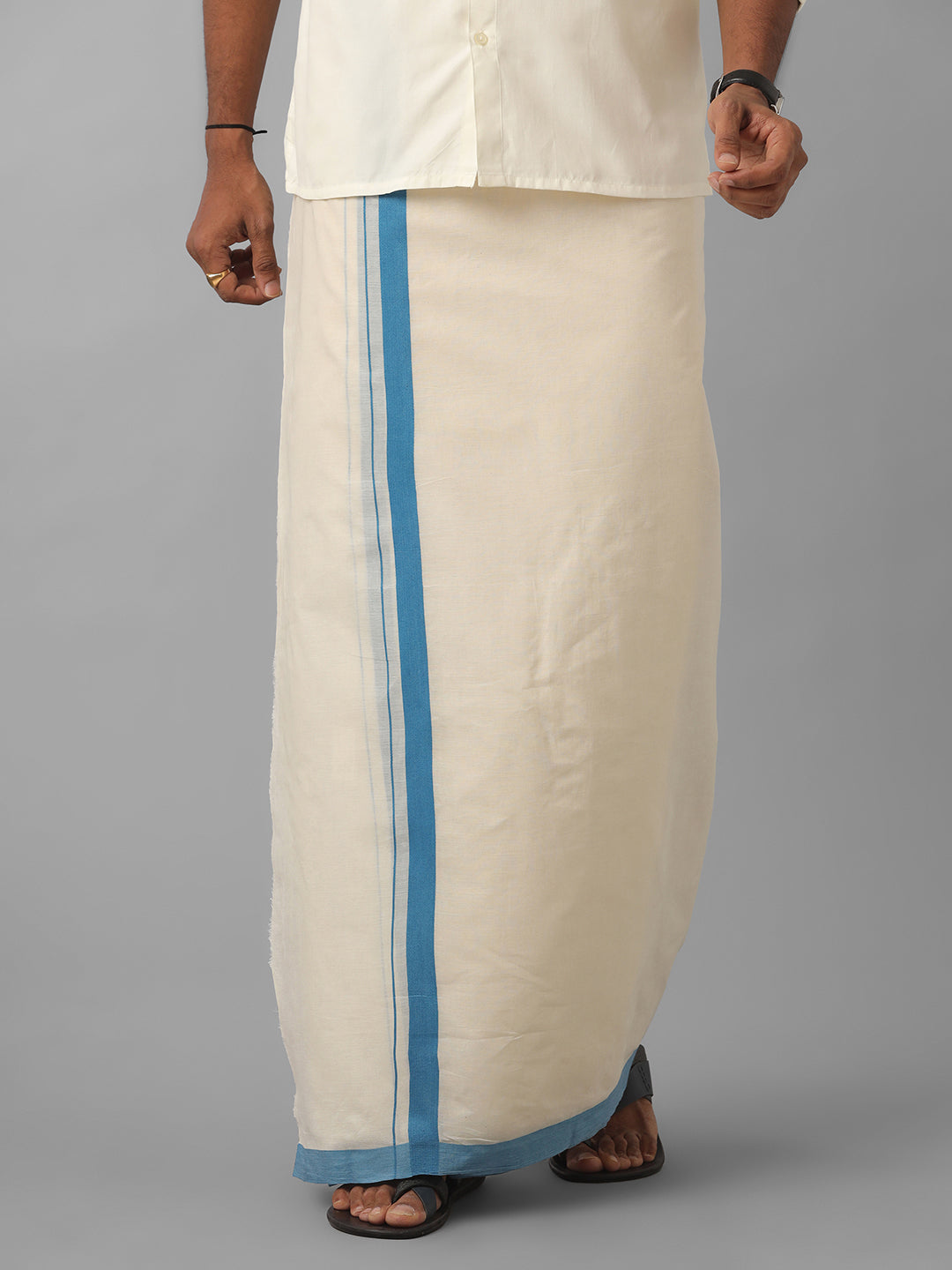 Men Blue Border Double Layer Kora Dhoti VKS03