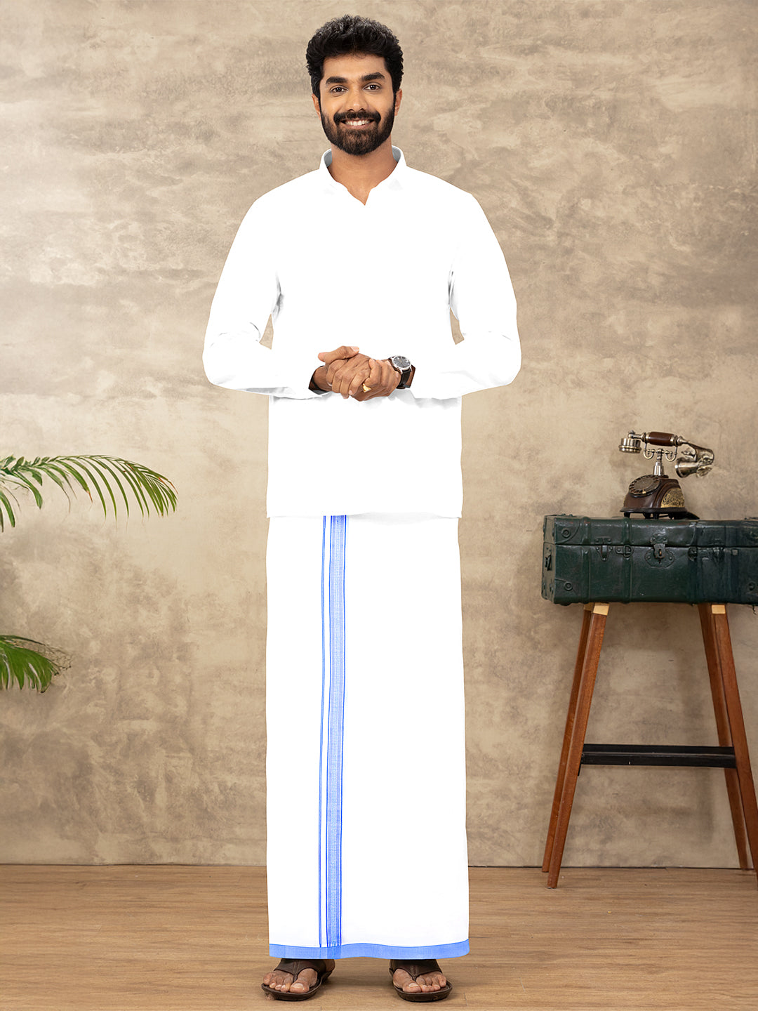 Men Cotton Blend Single Layer White Dhoti with Fancy Jari Border HSF02