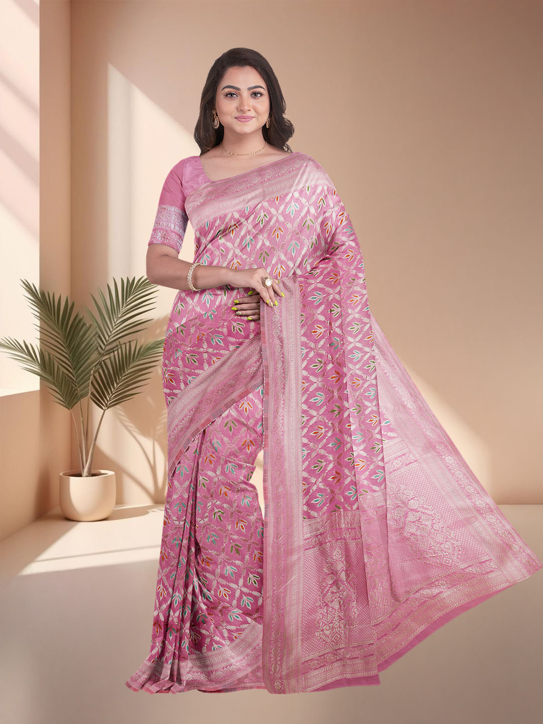 Women Pink Art Silk Printed Saree ASS79
