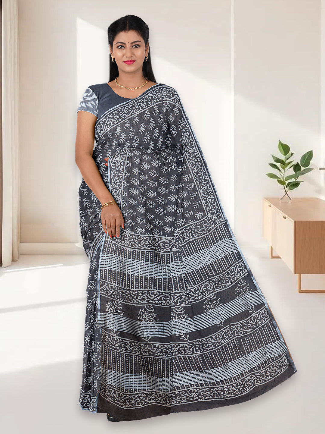 Women Dark Steel Grey Semi Tussar Printed Saree ST303