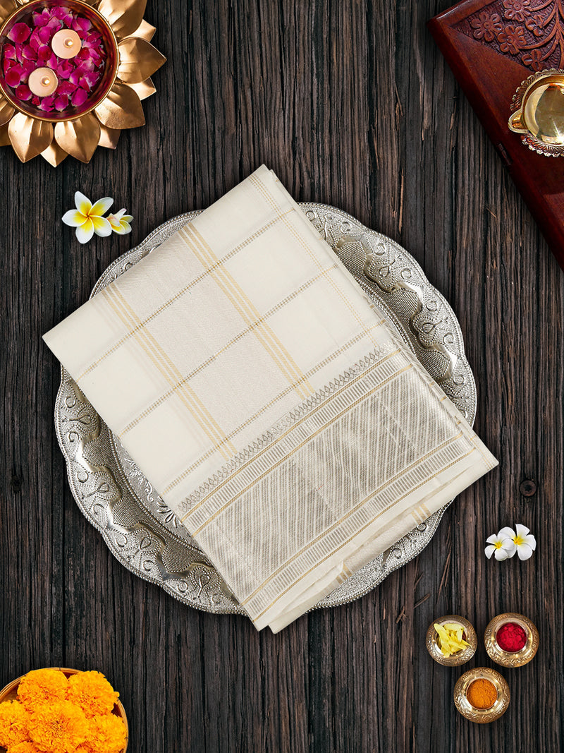 Premium Pure Silk Cream Dhoti With Angavastram Virutcham 5" Silver Gold Jari Border