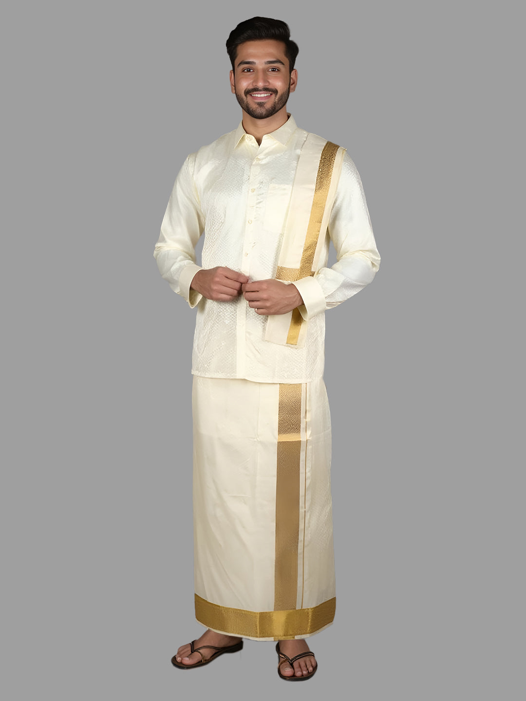 Men Art Silk Cream Self Design Shirt & Dhoti Towel Set Parinayam Grand CRJD3