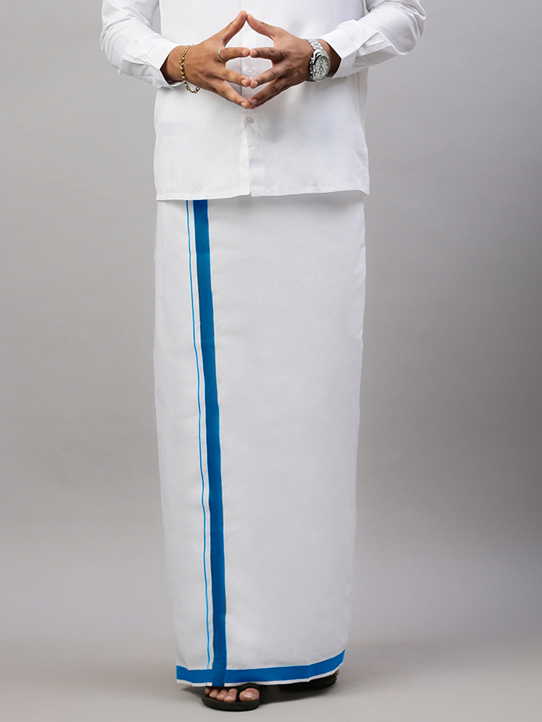 Men Blue Border Single Layer White Dhoti Winner Spl WS20