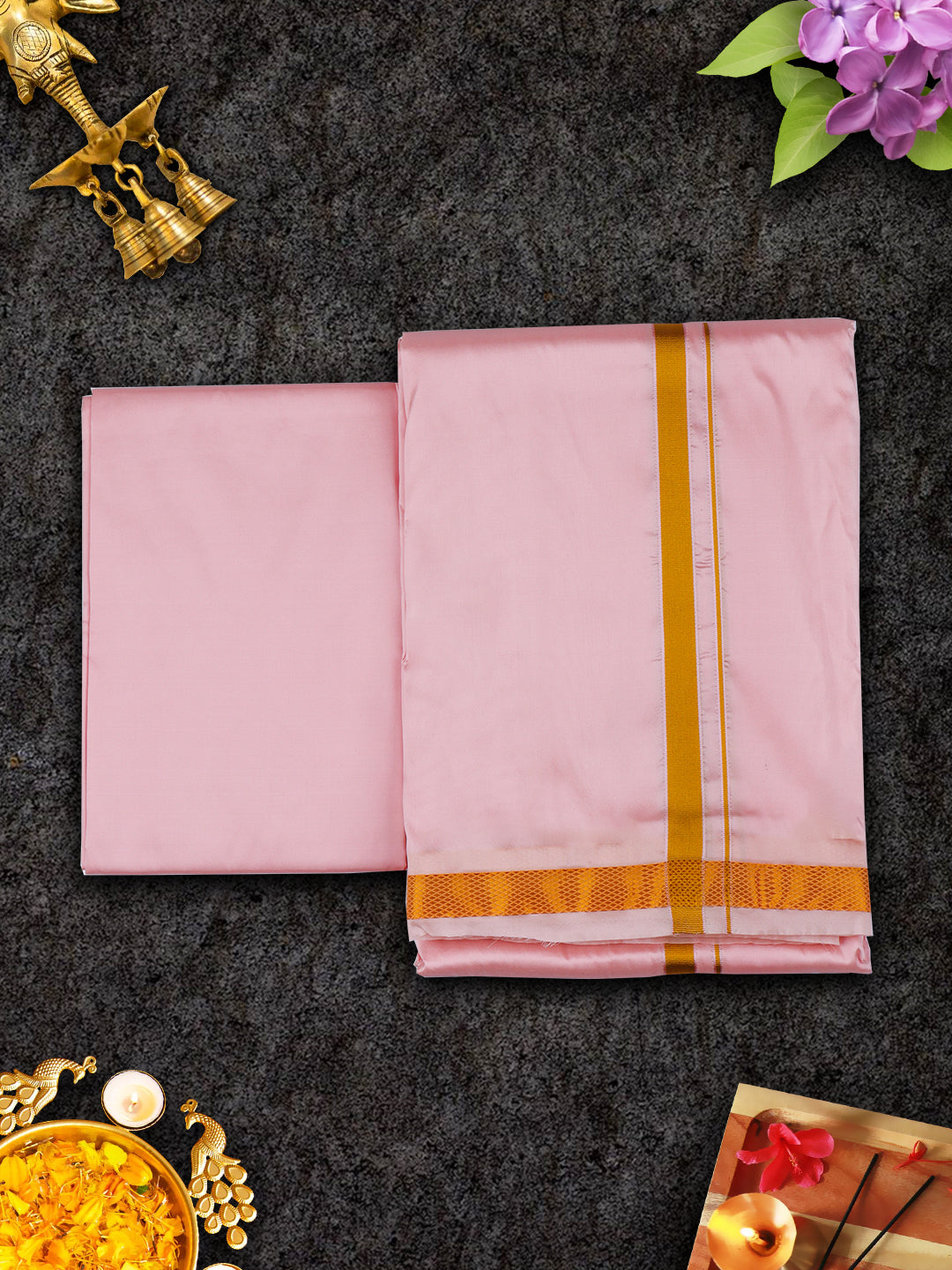 Mens Premium Art Silk Light Pink Shirting & Gold Jari Border Panchakacham Set 9+5 Ashirwath
