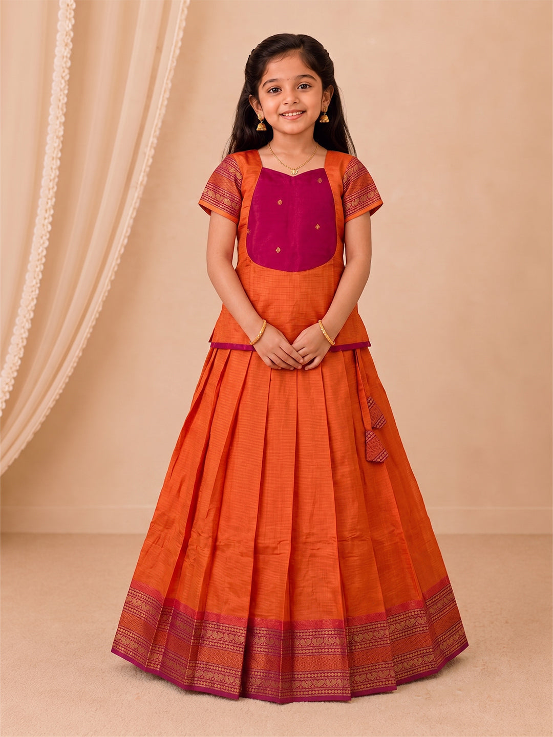 Girls Cotton Orange with Purple Pattu Pavadai Set GPS52
