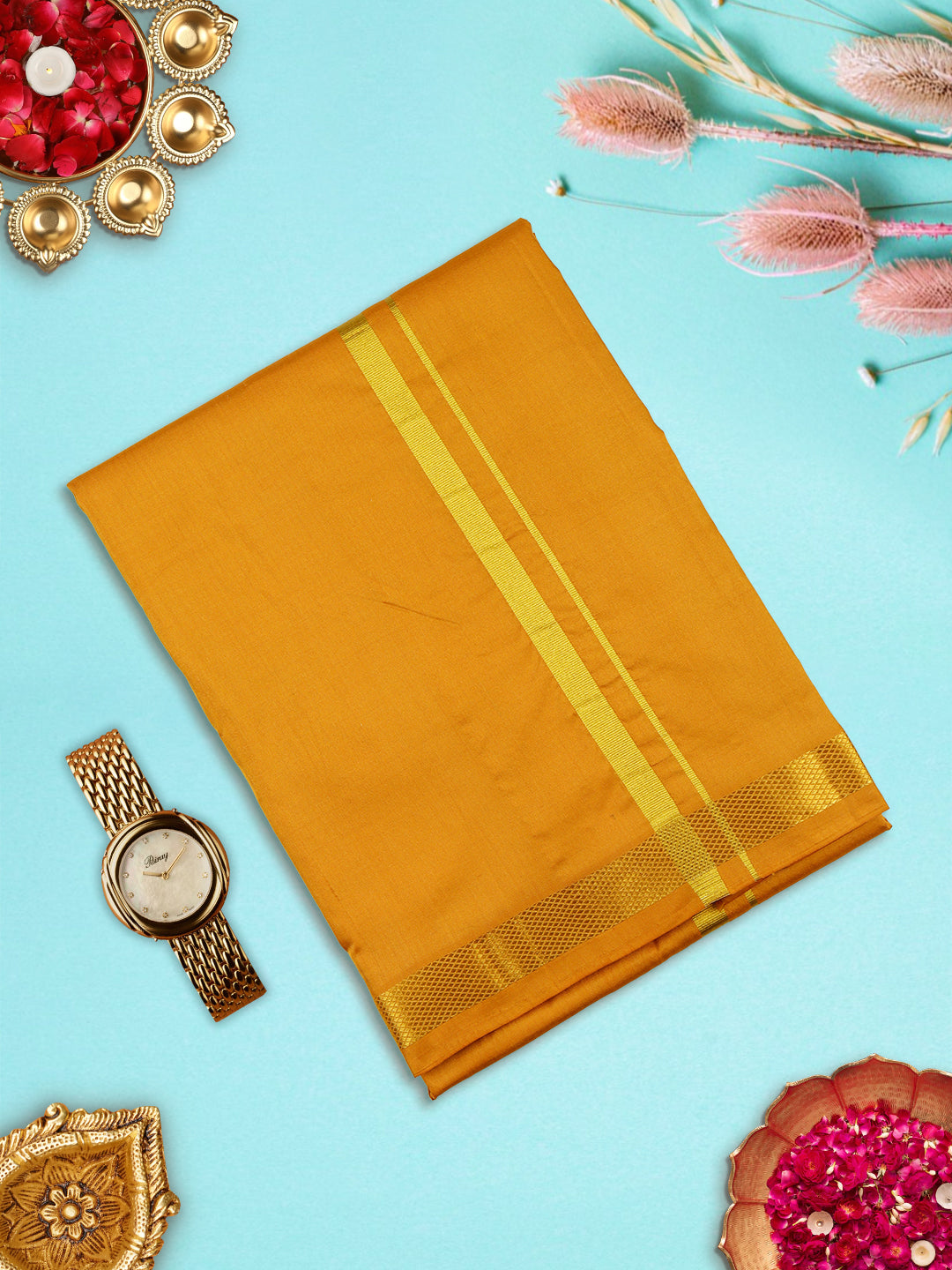 Premium Pure Silk Gold Dhoti With Angavastram 1" Gold Jari Border Thirukalyan