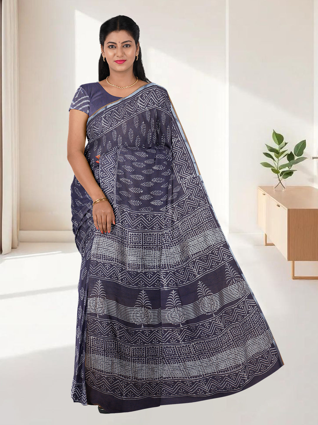 Women Navy Semi Tussar Printed Saree ST305