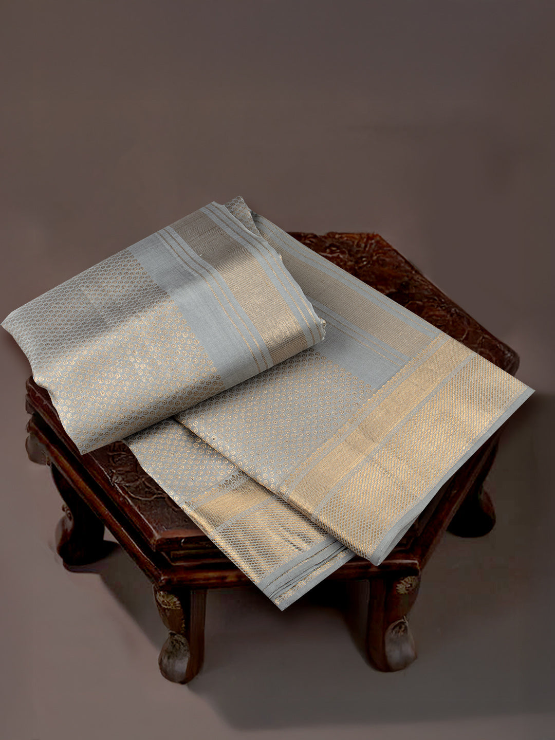 Men Premium Pure Silk Grey Dhoti & Towel Set with 6" inch Gold Jari Border Amirtham AM17