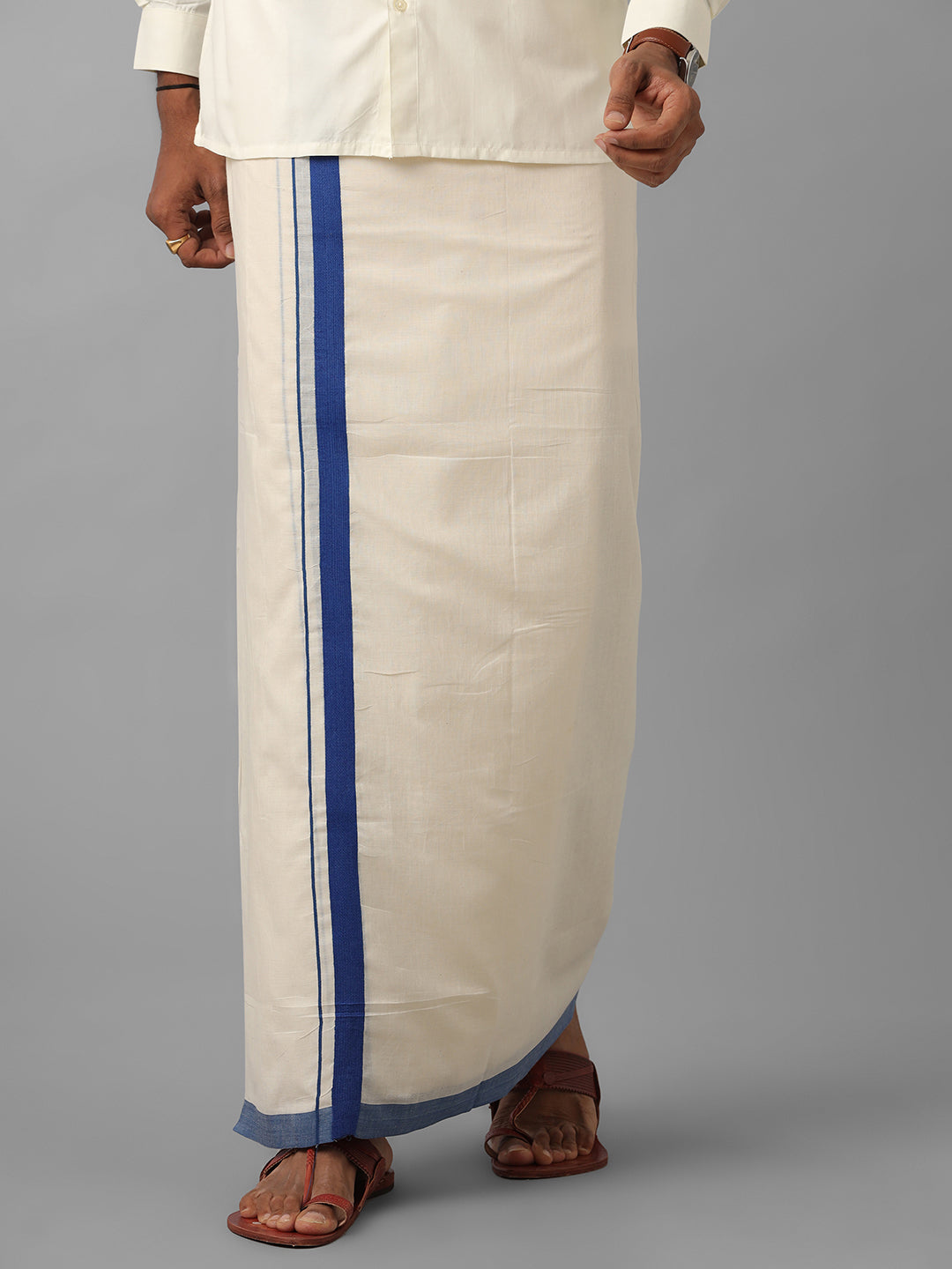 Men Navy Border Double Layer Kora Dhoti VKS04