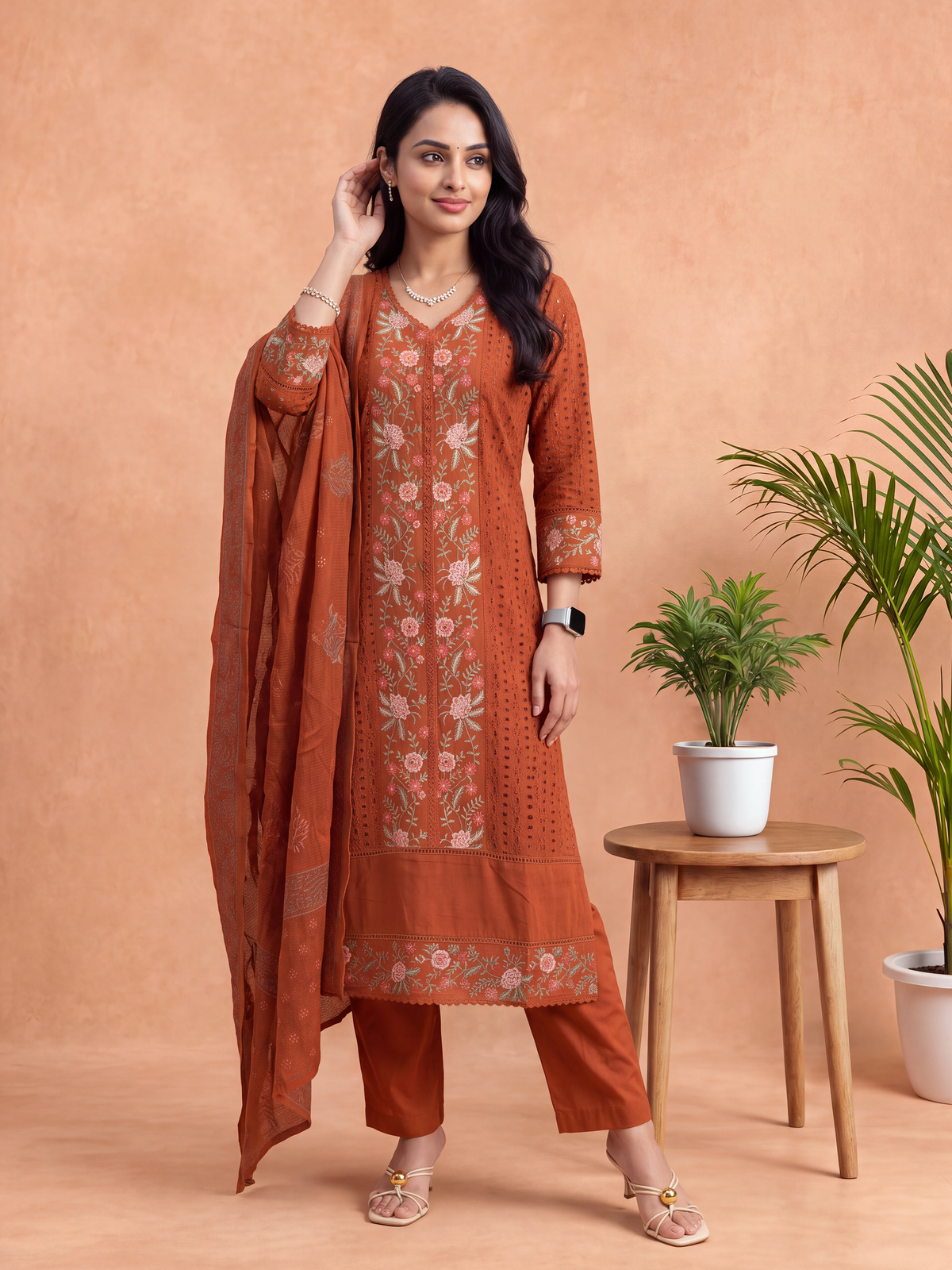 Women Embroidered Orange Kurti Set EKS154